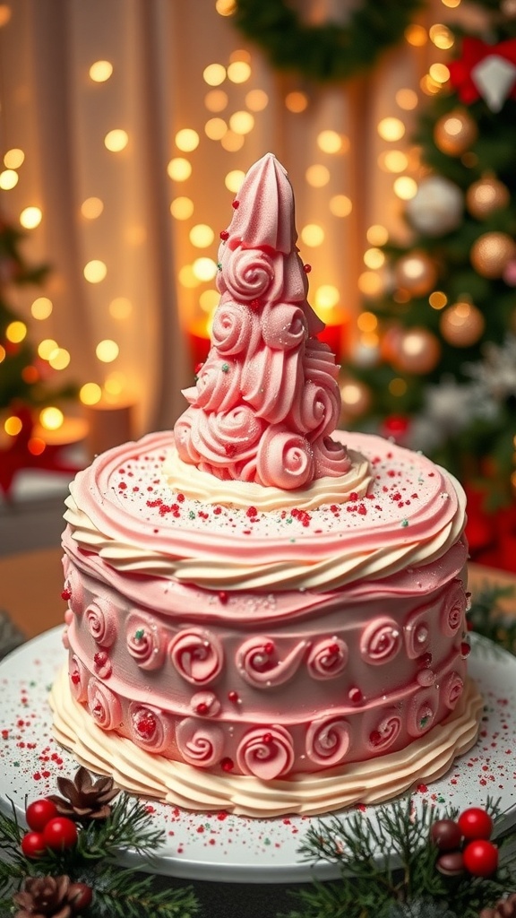 Pink Christmas Jesus Cake Recipe A pink Christmas cake decorated with frosting and sprinkles, set in a festive holiday setting.